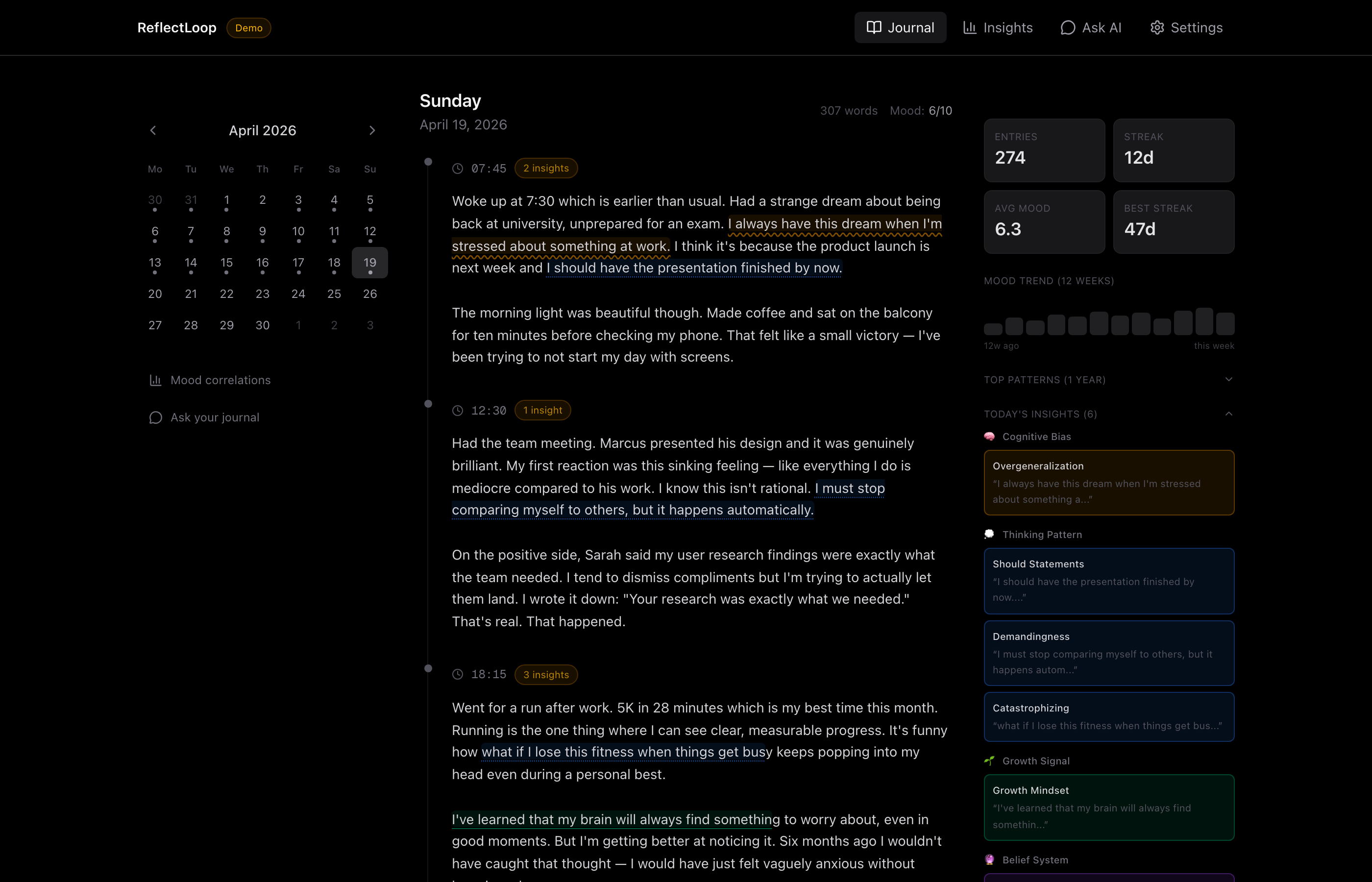 Journal view — desktop. Five categories of patterns underlined inline as marginalia, sidebar groups today's detected patterns and links each to its history.