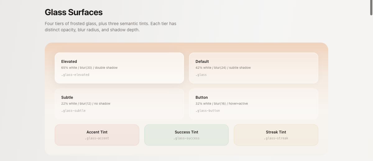 Design system — glass cards